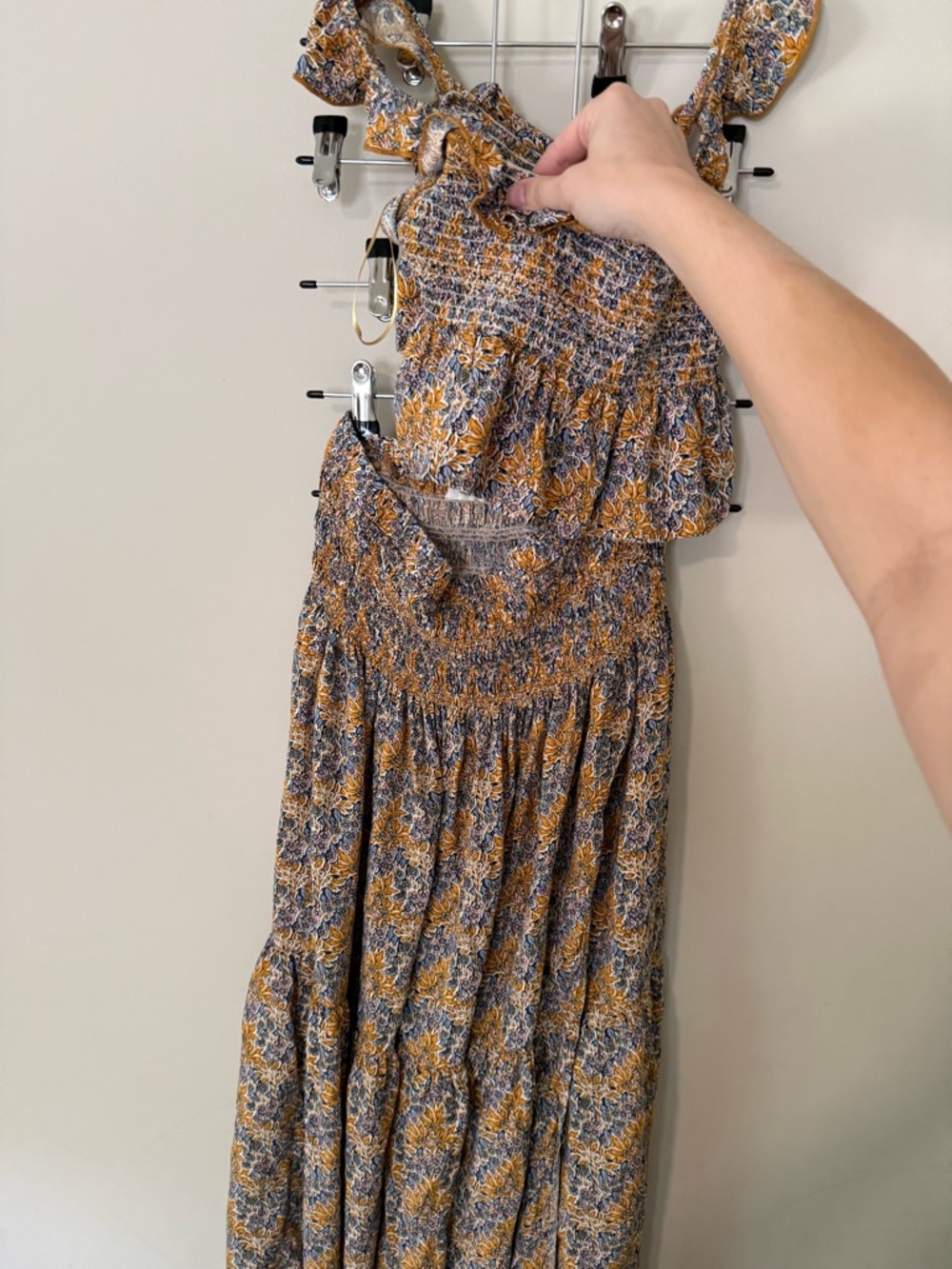 NATURAL LIFE Mustard Yellow Navy Floral Smocked crop Top with skirt set medium